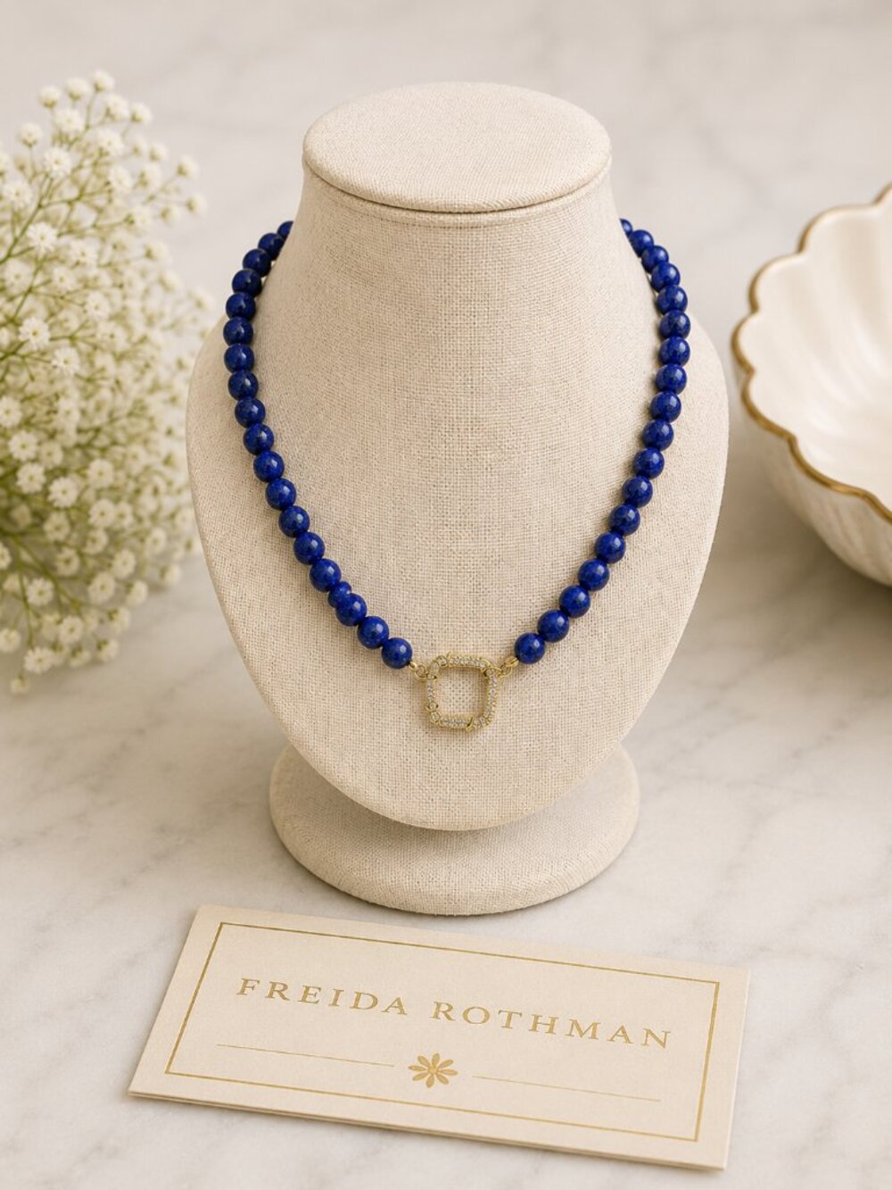 Freida Rothman Genuine Lapis Beaded Necklace w/ Pave Closure $159 MSRP NWT